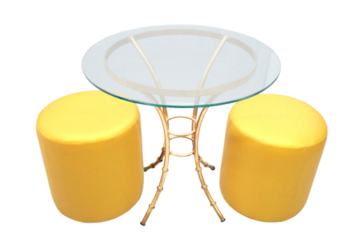 Mesa Boate Dourada com Tampo de Vidro e Puff Dourado